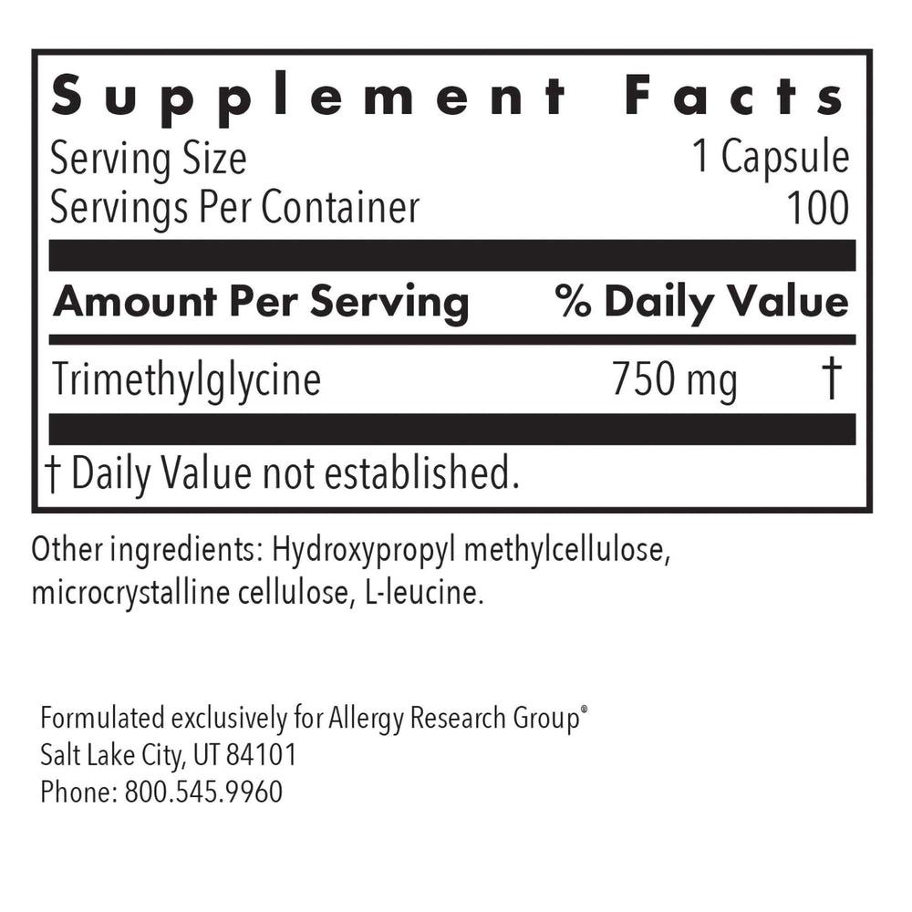 Allergy Research Group TMG label detail confirms vegetarian and hypoallergenic formula.