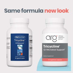 Allergy Research Group Tricycline capsules close-up emphasizing probiotic balance.