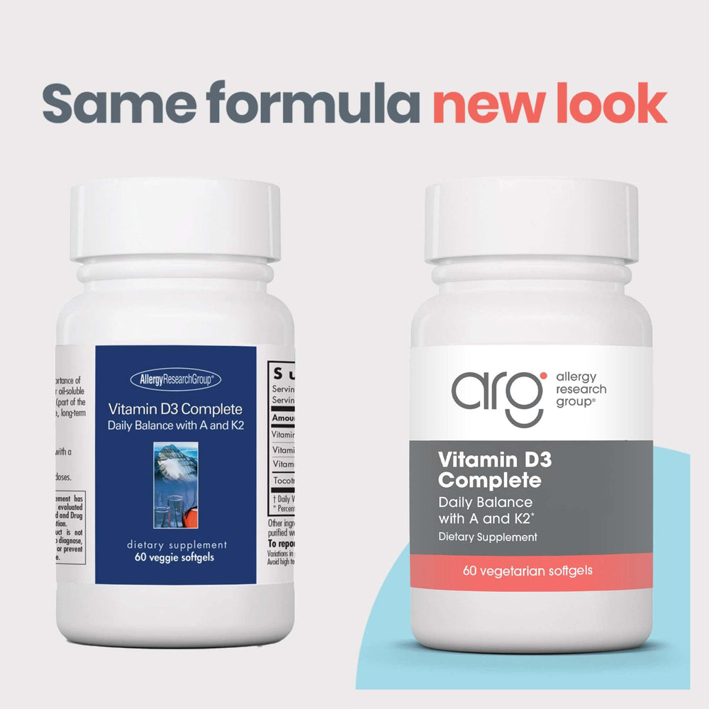 Allergy Research Group Vit D3 Complete veggie softgels for vegetarian vitamin D support.