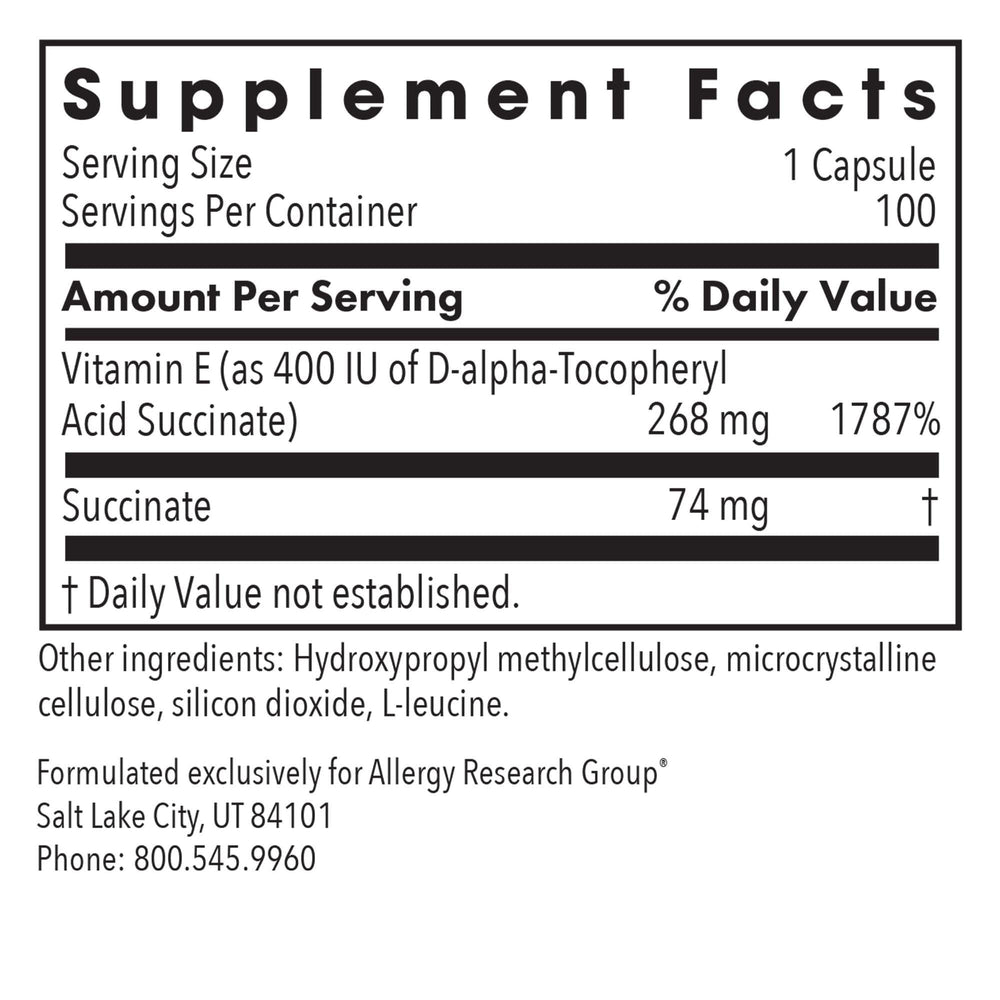 Close-up of Allergy Research Group Vitamin E Succinate capsules.