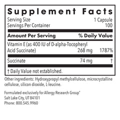 Close-up of Allergy Research Group Vitamin E Succinate capsules.