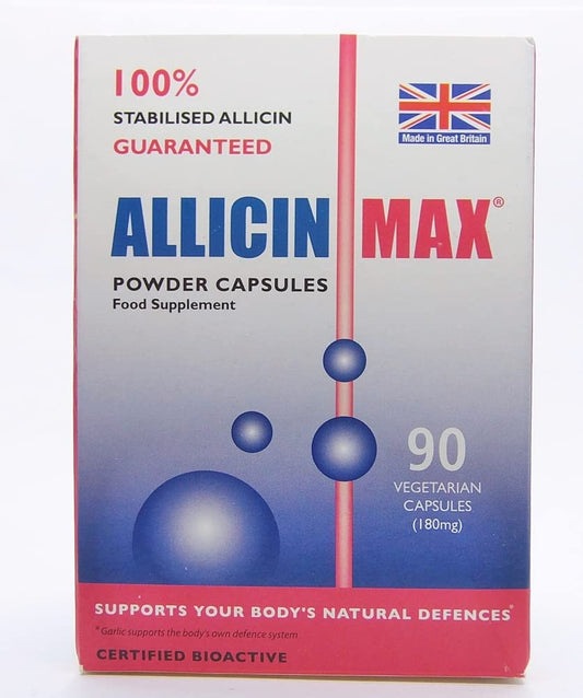 ALLICINMAX Allicin Max bottle with capsules for convenient daily use and easy absorption.
