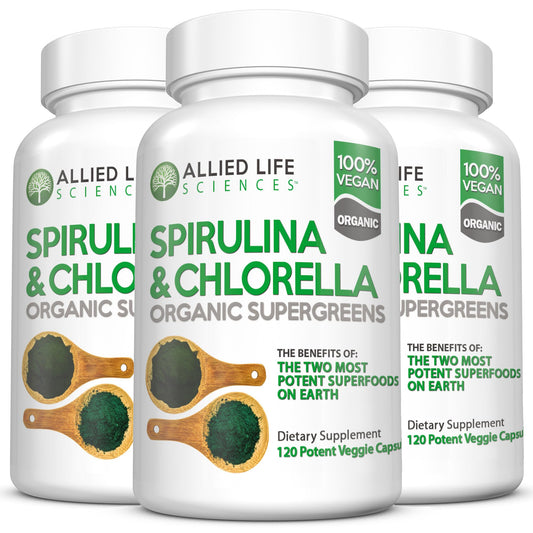 Allied Life Spirulina and Chlorella bottle pack with green capsules for wellness support