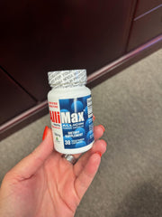 Allimax 180 mg bottle back lists ingredients and usage guidance for responsible supplementation