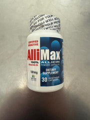 Allimax 180 mg bottle front shows convenient daily garlic derived supplement for daily wellness