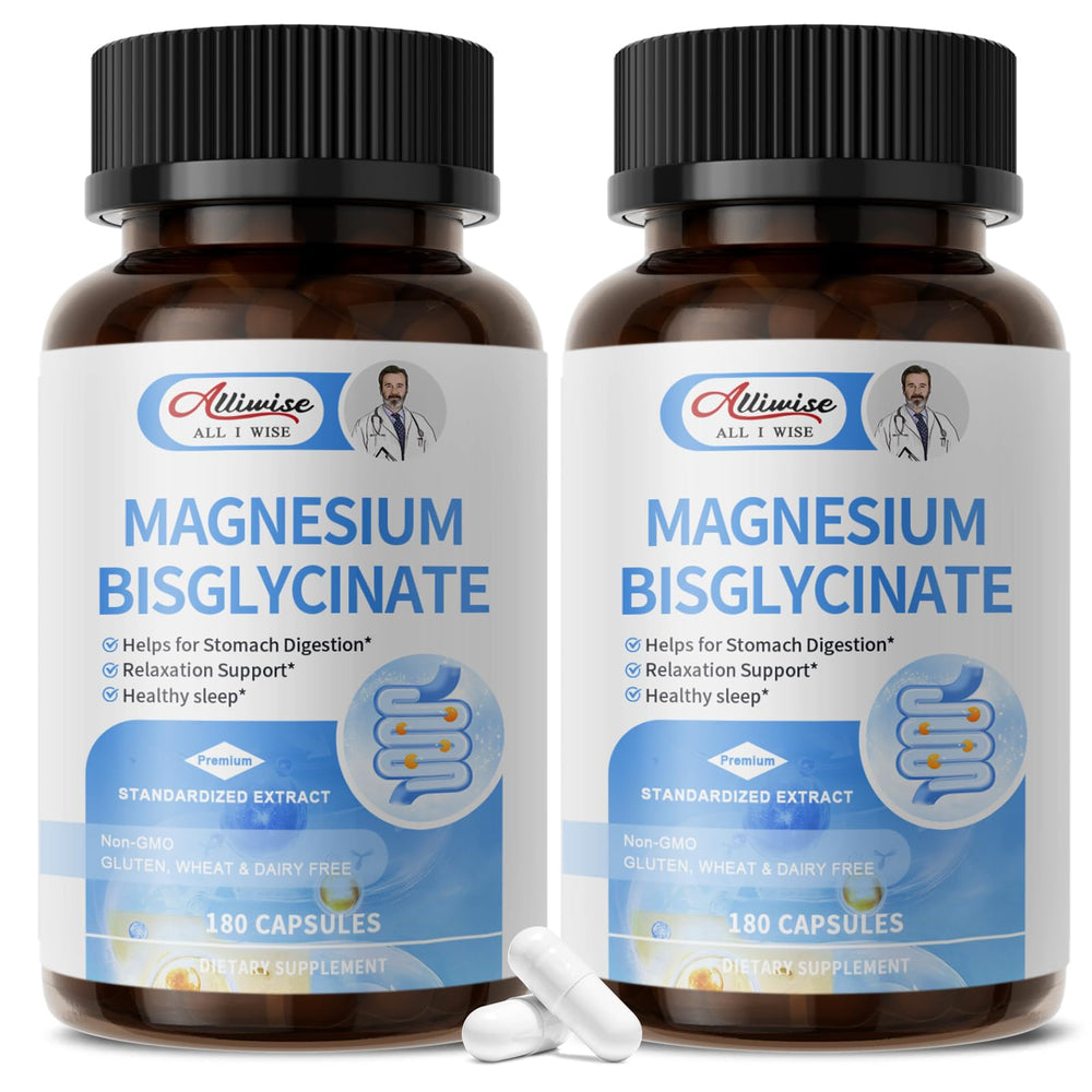 Alliwise Magnesium Glycinate capsules bottle closeup; high absorption for sensitive stomachs.