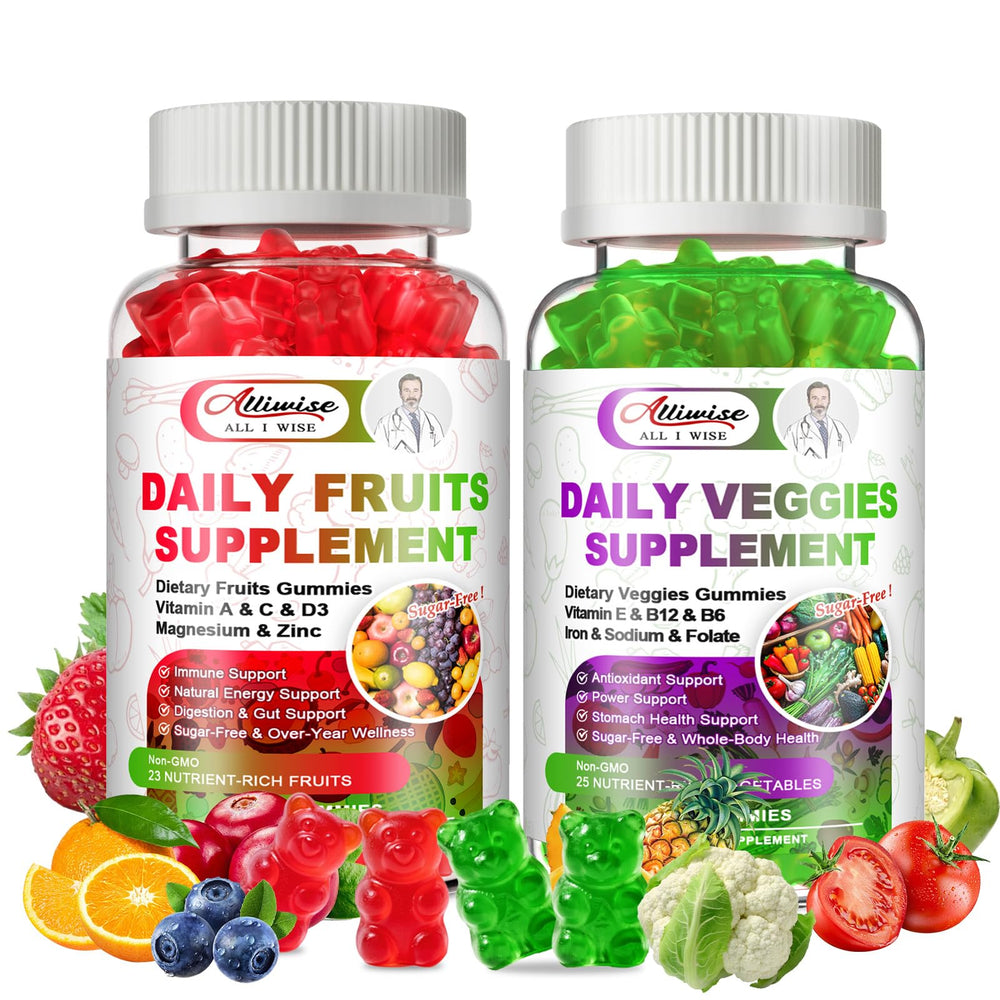 Alliwise sugar-free fruits and veggies gummies bottle front view boosts daily nutrition