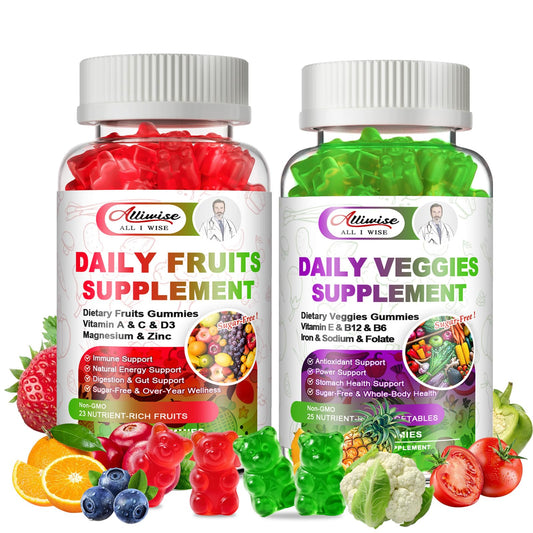 Alliwise sugar-free fruits and veggies gummies bottle front view boosts daily nutrition