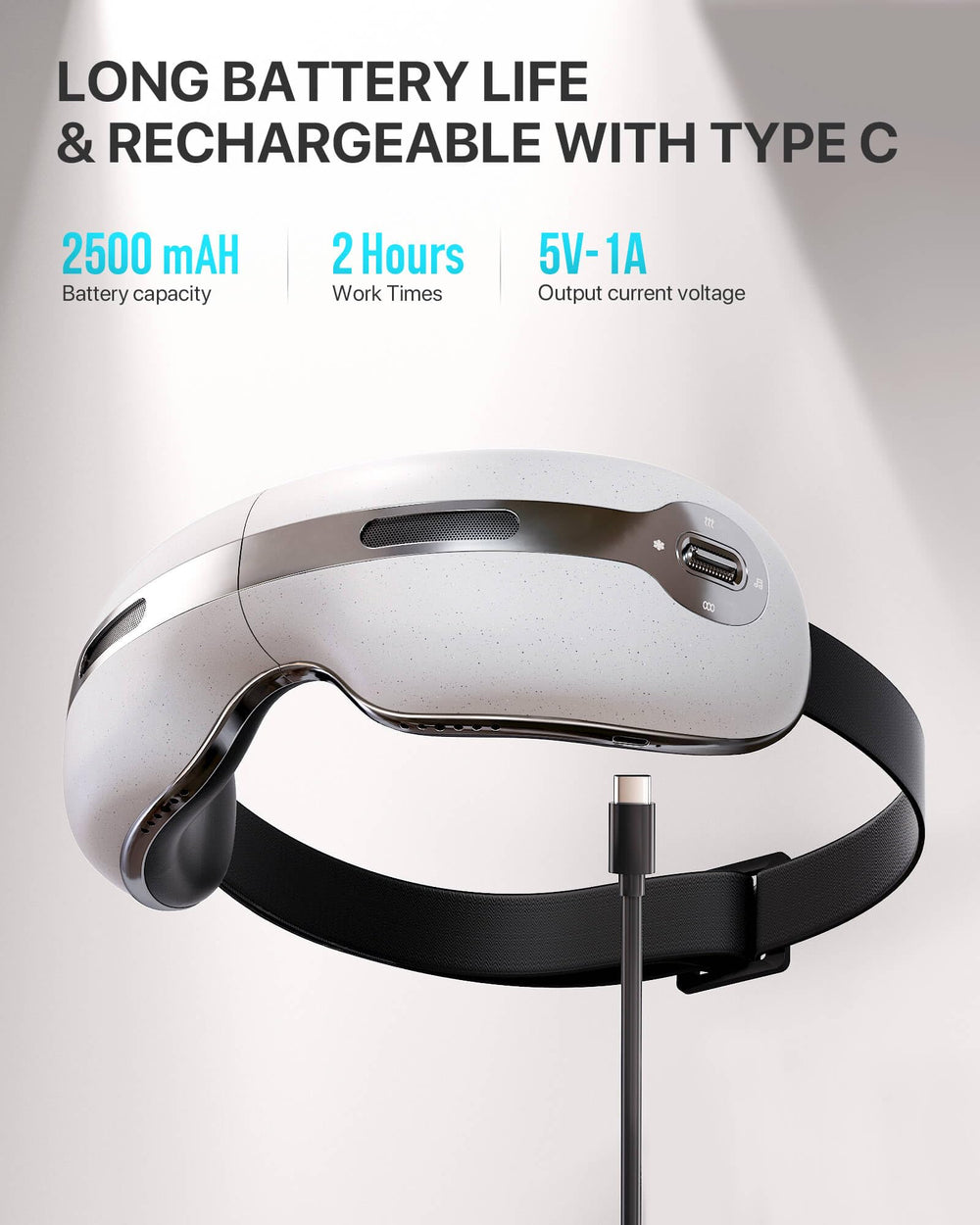 ALLJOY Eye Massager with USB C battery for long sessions between charges.