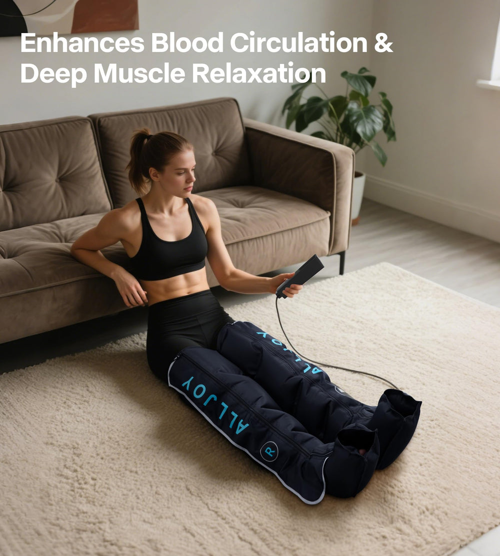 ALLJOY Pro Leg Massager control panel illustrating nine pressure levels for tailored relief
