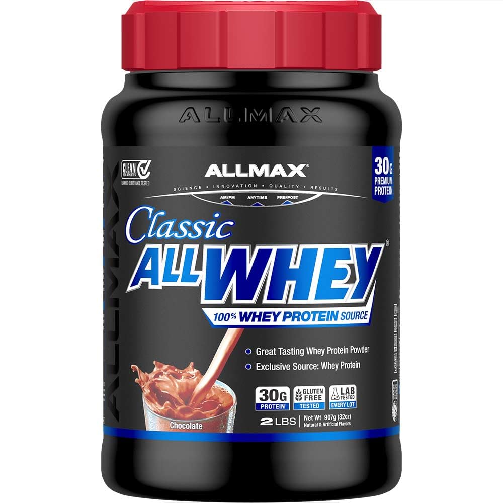 ALLMAX ALLWHEY Chocolate 2 lb front jar view for quick shakes