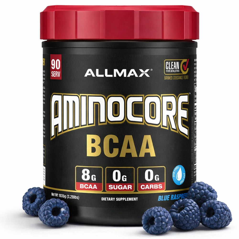 ALLMAX AminoCore blue raspberry bottle for post-workout recovery