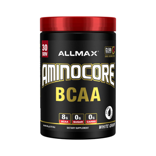 ALLMAX AminoCORE bottle-front showing sugar-free BCAA formula for workouts