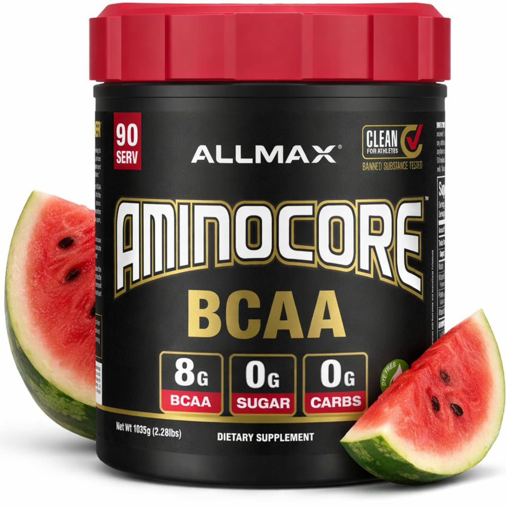 Allmax AminoCore Watermelon tub front view showing gym energy and recovery potential