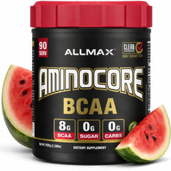 Allmax AminoCore Watermelon tub front view showing gym energy and recovery potential