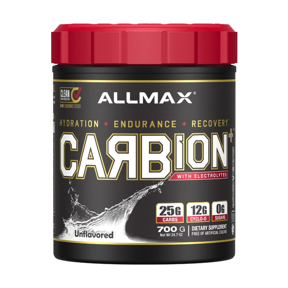 ALLMAX CARBION+ unflavored bottle front view for hydration during workouts.