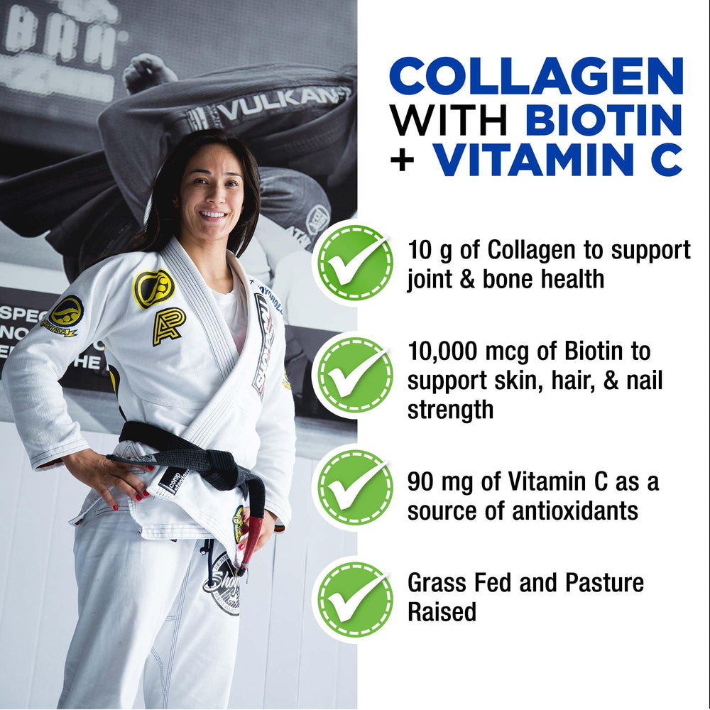 Allmax Collagen Powder bottle shows biotin and vitamin C for beauty routines.