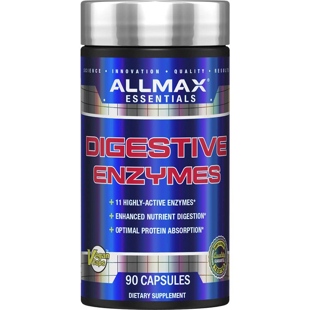 AllMAX Digestive Enzymes bottle, broad enzyme blend to support digestion and protein absorption