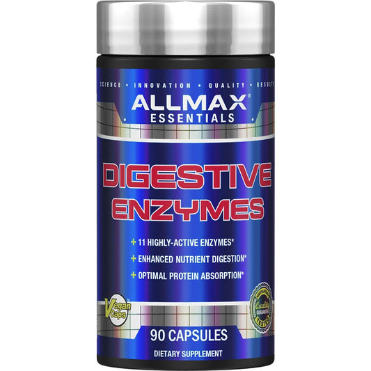 AllMAX Digestive Enzymes bottle, broad enzyme blend to support digestion and protein absorption