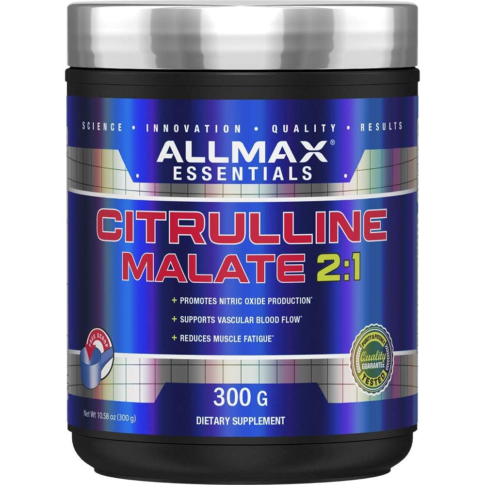 ALLMAX Essentials Citrulline Malate 2:1 bottle showing clean energy support for workouts.