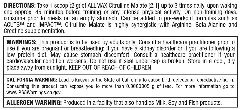 ALLMAX Citrulline Malate 2:1 scoop-ready powder for easy pre-workout mixing.