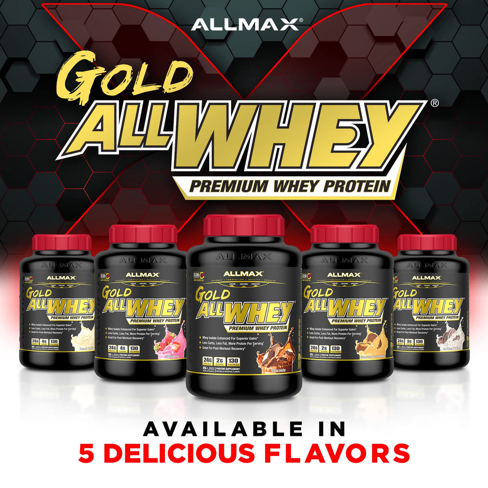 AllMAX Gold ALLWHEY powder being scooped into a shaker for quick mix