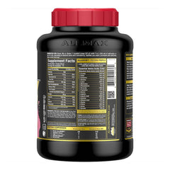 ALLMAX Gold ALLWHEY Strawberry tub back with nutrition facts for lean mass goals.