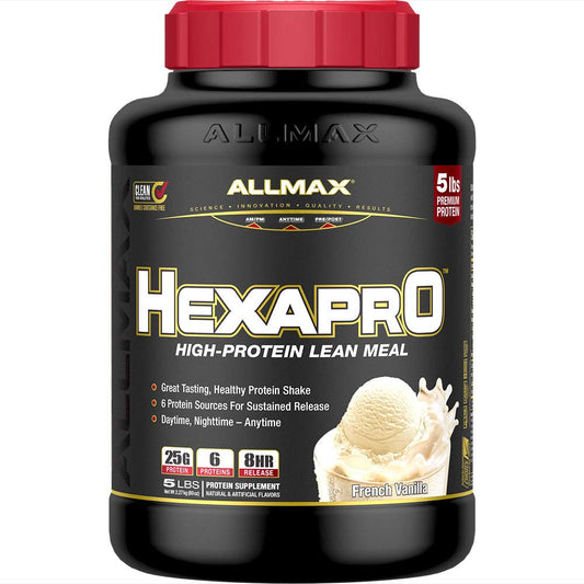 ALLMAX HEXAPRO French Vanilla 5lb bottle displaying rich protein powder for sustained daily fueling.