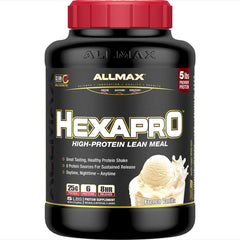 ALLMAX HEXAPRO French Vanilla 5lb bottle displaying rich protein powder for sustained daily fueling.