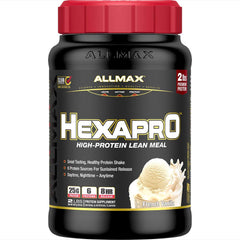 Allmax HEXAPRO vanilla powder bag showcasing high-protein blend for sustained energy
