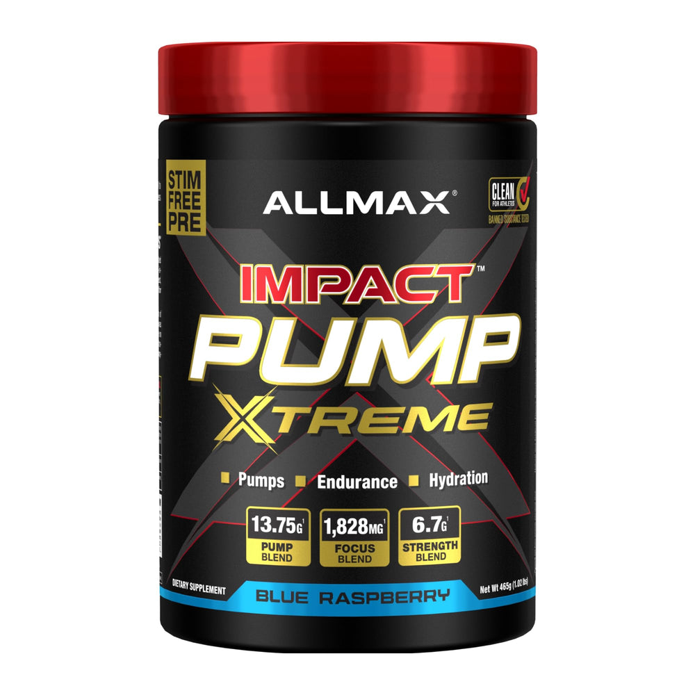 ALLMAX Impact Pump Xtreme blue raspberry bottle highlights a convenient gym-ready energy option.