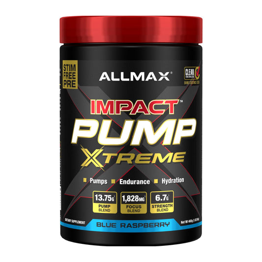 ALLMAX Impact Pump Xtreme blue raspberry bottle highlights a convenient gym-ready energy option.