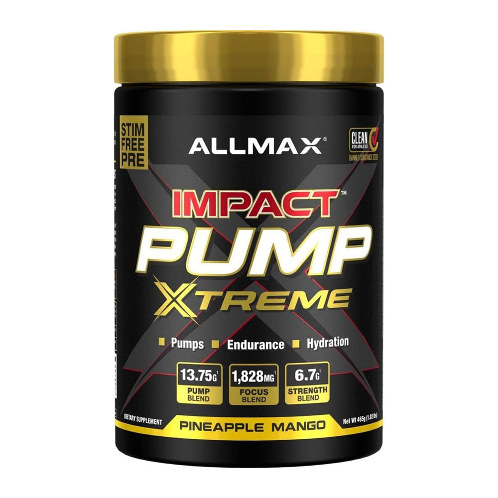 ALLMAX Impact Pump Xtreme pineapple mango container ready for pre-workout fueling