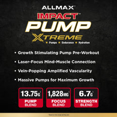 ALLMAX Impact Pump Xtreme pineapple mango powder pouring into a shaker