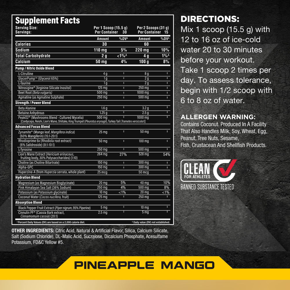 ALLMAX Impact Pump Xtreme pineapple mango scoop beside powder for measurement