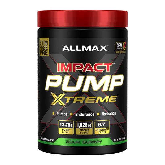 ALLMAX Impact Pump Xtreme Sour Gummy tub showing stim-free pre-workout formula for pumps