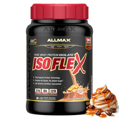ALLMAX ISOFLEX Caramel Macchiato tub highlighting fast protein delivery.