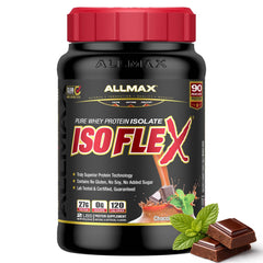 ALLMAX ISOFLEX Chocolate Mint tub front view highlighting high-protein formula for athletes.