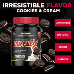 Close-up of cookies and cream powder beside scoop for easy pre- or post-workout use.