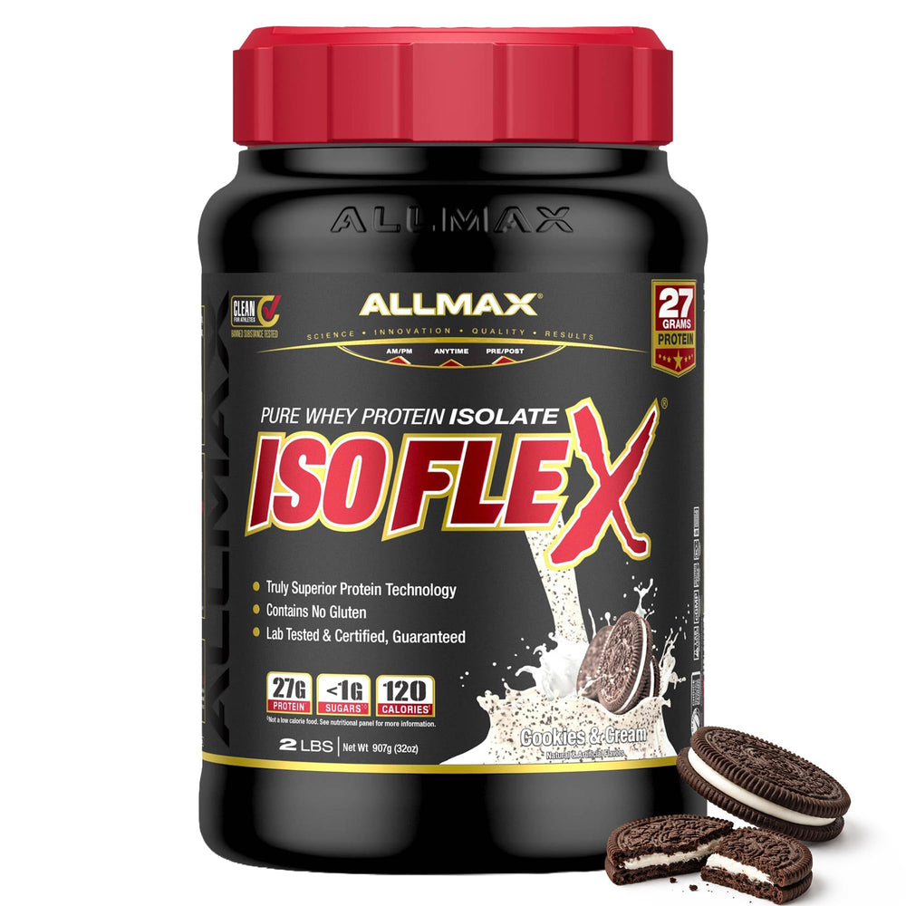 AllMAX IsoFlex Cookies and Cream tub shown, high-protein powder for post-workout recovery.