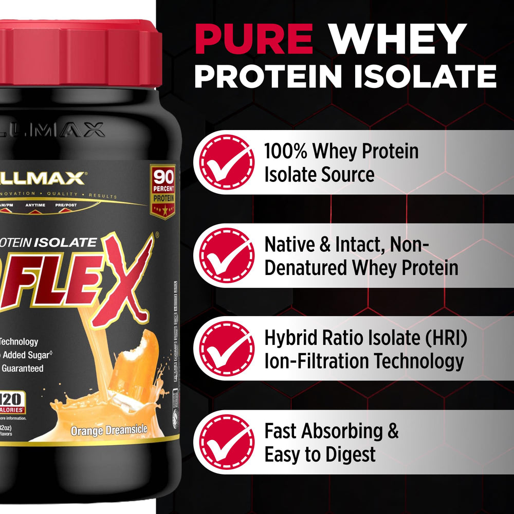 Close-up of ISOFLEX powder texture showing high-purity whey isolate for fast absorption.