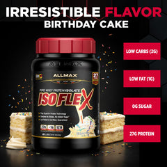 Allmax ISOFLEX scoop beside powder for quick, precise protein measurement.