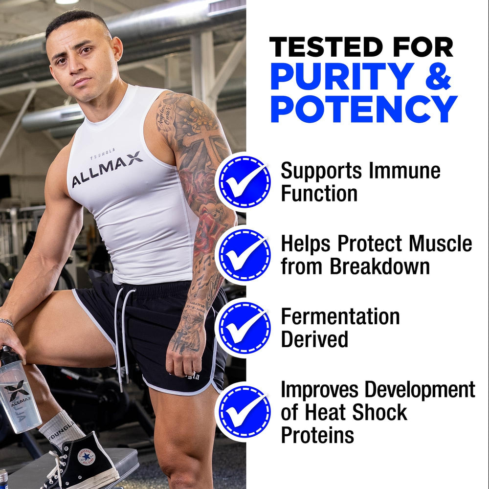 Gluten-free badge on ALLMAX L Glutamine Powder packaging.