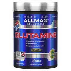 ALLMAX L Glutamine Powder jar shows pure fermented formula for gut health and recovery.
