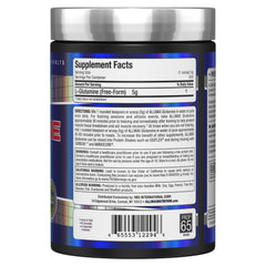 Unflavored ALLMAX L Glutamine Powder label highlighting fermentation and vegan, gluten-free features.