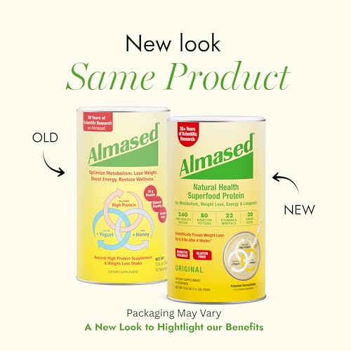 Almased multi-protein powder tub-closeup-label reveals ingredient blend for daily nutrition.