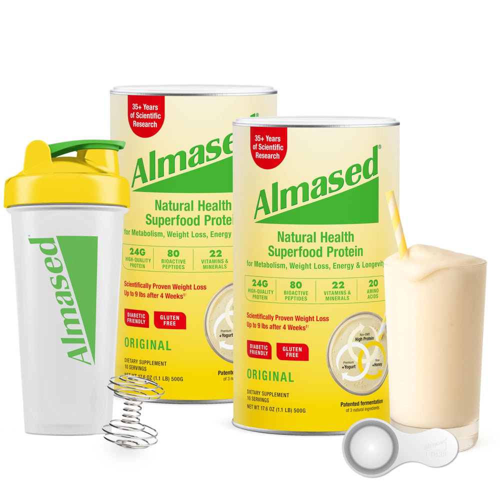 Almased Original flavor can close with a convenient, ready-to-use meal replacement on busy days.