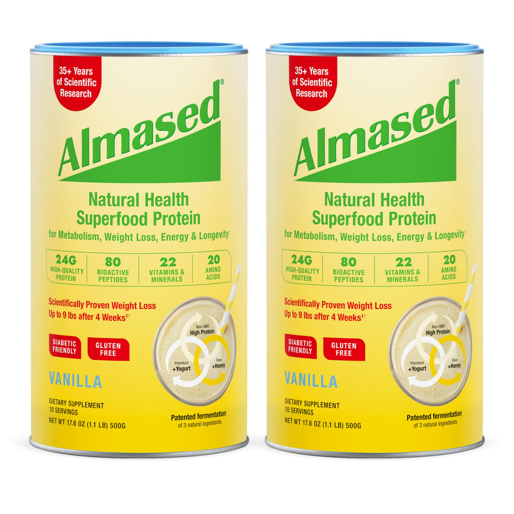 Almased Vanilla meal replacement bottle front view highlighting protein option