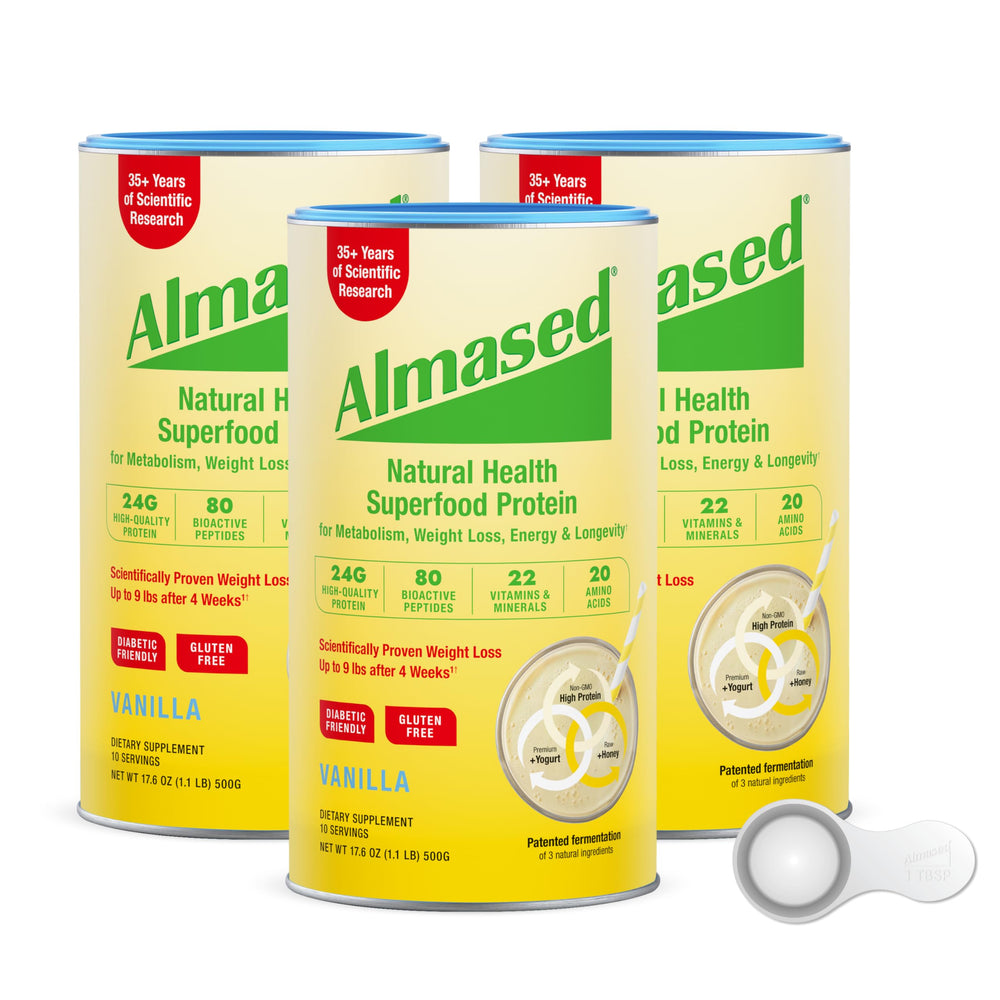 Almased vanilla protein powder bottle for a protein-packed meal replacement