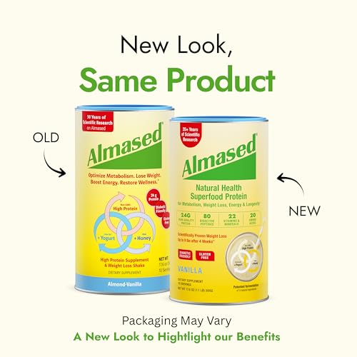 Almased vanilla protein powder can packaging highlights natural non-GMO formula